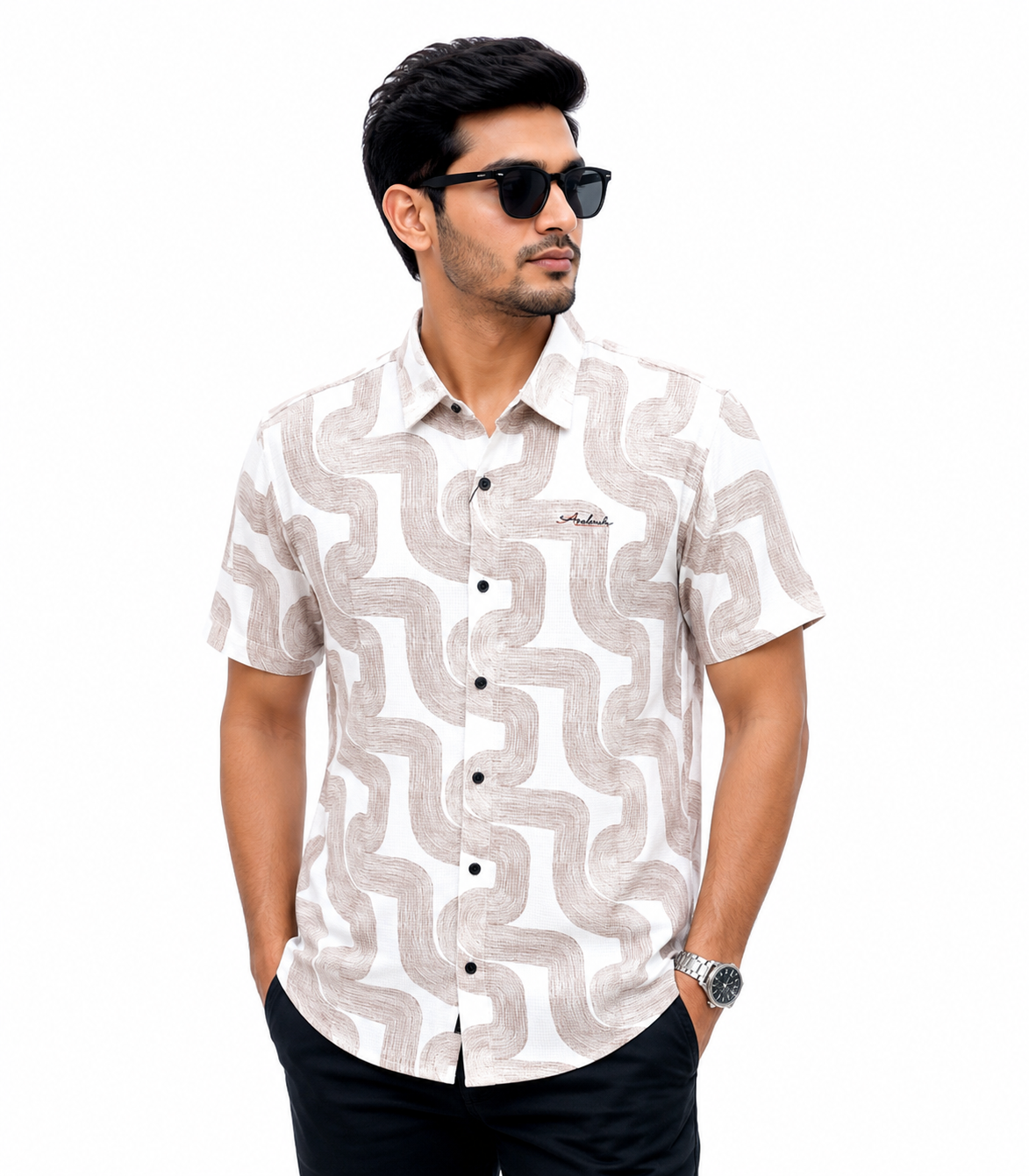 Beige Wave Pattern Half Sleeve Shirt